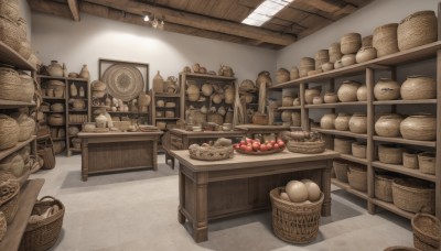 food,indoors,no humans,fruit,table,scenery,apple,basket,bread,shelf,shop,chair,bottle,plate,bowl,ceiling,still life,ceiling light