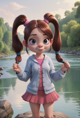 1girl,solo,long hair,looking at viewer,smile,blue eyes,skirt,brown hair,shirt,twintails,standing,jacket,boots,outdoors,open clothes,miniskirt,water,black eyes,tree,cardigan,child,nature,forehead,pink skirt,pink shirt,hair tie,female child,holding hair,river,lake,bangs,hair ornament,long sleeves,dress,closed mouth,sidelocks,sky,day,socks,artist name,hood,blurry,open jacket,lips,kneehighs,hoodie,buttons,blurry background,pink dress,forest,reflection,rock,nose,pink footwear,pond,stream