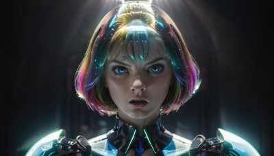 1girl,solo,looking at viewer,short hair,open mouth,bangs,blue eyes,blue hair,pink hair,multicolored hair,parted lips,teeth,shiny,artist name,blurry,lips,eyelashes,gradient hair,makeup,blurry background,watermark,bob cut,lipstick,portrait,reflection,science fiction,realistic,nose,red lips,straight-on,cyborg,rainbow hair,blonde hair,brown hair,glowing,black background,close-up,backlighting