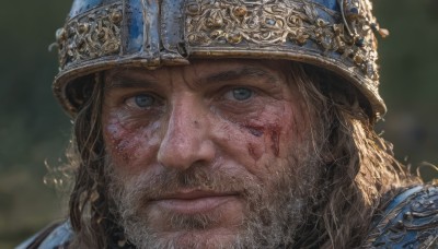 solo,looking at viewer,blue eyes,brown hair,1boy,closed mouth,male focus,armor,blurry,depth of field,blurry background,facial hair,helmet,portrait,beard,close-up,realistic,mustache,manly,chainmail,smile,blonde hair