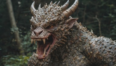 solo,looking at viewer,open mouth,outdoors,horns,teeth,tongue,tongue out,blurry,tree,no humans,blurry background,fangs,sharp teeth,nature,spikes,forest,colored sclera,monster,scales,artist name,saliva,sunlight,dragon,tusks