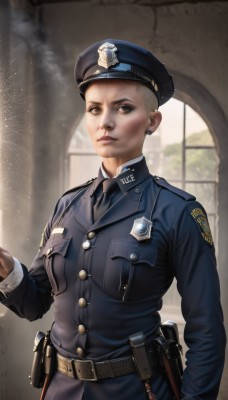 1girl,solo,looking at viewer,short hair,shirt,black hair,gloves,long sleeves,hat,brown eyes,jewelry,closed mouth,jacket,upper body,weapon,earrings,necktie,belt,indoors,uniform,lips,gun,military,window,military uniform,black necktie,handgun,blue headwear,smoke,pocket,pouch,hand in pocket,military hat,realistic,stud earrings,breast pocket,holster,very short hair,badge,belt pouch,police,police uniform,policewoman,police hat,holstered weapon,breasts,brown hair,standing,white shirt,cowboy shot,small breasts,collared shirt,buttons,black belt,belt buckle,nose,brown belt