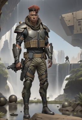 looking at viewer,short hair,brown hair,gloves,1boy,holding,brown eyes,standing,full body,weapon,male focus,red hair,multicolored hair,boots,outdoors,multiple boys,solo focus,pants,dark skin,fingerless gloves,water,holding weapon,armor,gun,military,muscular,scar,dark-skinned male,shoulder armor,holding gun,rifle,scar on face,handgun,science fiction,pouch,realistic,assault rifle,knee pads,undercut,shoulder pads,explosive,waterfall,grenade,mohawk,bulletproof vest,1girl,solo,open mouth,teeth,belt,vest,lips,facial mark,knife,goggles,rock,scar across eye,armored boots,facepaint