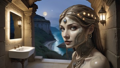 1girl,solo,long hair,looking at viewer,brown hair,bare shoulders,jewelry,earrings,outdoors,sky,water,necklace,lips,grey eyes,tattoo,makeup,night,moon,portrait,scenery,full moon,reflection,circlet,mountain,fantasy,lamp,lake,blue eyes,blonde hair,hair ornament,upper body,parted lips,eyelashes,gem,star (sky),night sky,lantern,realistic,nose,forehead jewel,head chain