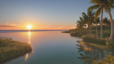 outdoors,sky,cloud,water,tree,no humans,ocean,beach,sunlight,grass,plant,nature,scenery,reflection,sunset,palm tree,sun,horizon,island,forest,bush,evening,lake,shore,reflective water