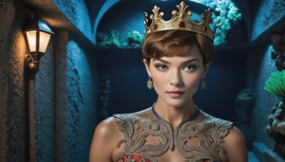 1girl,solo,looking at viewer,short hair,brown hair,bare shoulders,brown eyes,jewelry,closed mouth,upper body,earrings,lips,makeup,crown,lantern,realistic,bangs,blurry,blurry background,portrait