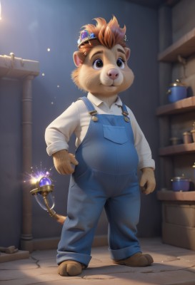 solo,smile,short hair,brown hair,shirt,long sleeves,1boy,animal ears,brown eyes,closed mouth,standing,tail,full body,white shirt,male focus,collared shirt,artist name,indoors,blurry,black eyes,blurry background,thick eyebrows,crown,gem,child,furry,overalls,furry male,male child,shelf,blue gemstone,crate,hair ornament,denim,lion ears,brown fur