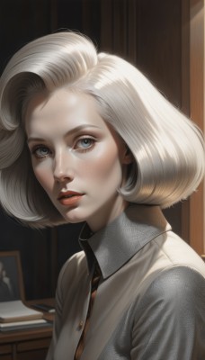 1girl,solo,looking at viewer,short hair,blue eyes,blonde hair,shirt,upper body,white hair,parted lips,collared shirt,indoors,lips,book,eyelashes,makeup,bob cut,lipstick,forehead,freckles,realistic,nose,red lips,necktie,teeth,artist name,watermark,web address,mascara