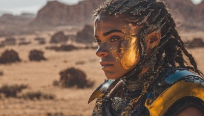 1girl,solo,long hair,brown hair,black hair,brown eyes,jewelry,upper body,braid,earrings,outdoors,parted lips,pointy ears,dark skin,necklace,armor,blurry,dark-skinned female,lips,blurry background,shoulder armor,portrait,pauldrons,realistic,nose,very dark skin,desert,dreadlocks,short hair,hair ornament,from side,facial mark,piercing,ear piercing,facepaint,facial tattoo,gold,multiple braids