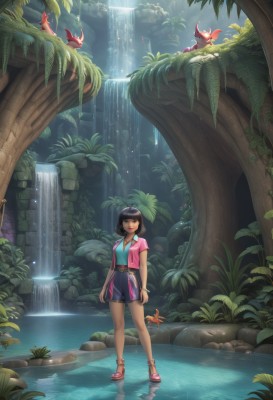 1girl,solo,breasts,looking at viewer,short hair,bangs,skirt,brown hair,shirt,black hair,brown eyes,jewelry,standing,short sleeves,outdoors,open clothes,shorts,belt,dark skin,water,necklace,bracelet,dark-skinned female,tree,animal,leaf,sandals,sunlight,plant,nature,scenery,forest,reflection,fish,pink shirt,rock,arms at sides,waterfall,crab,smile,open mouth,earrings,day,blunt bangs,black eyes,vest,bob cut,walking,purple skirt,anklet,pink vest