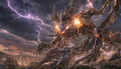 1boy,weapon,outdoors,sky,cloud,no humans,glowing,cloudy sky,fire,robot,building,scenery,glowing eyes,claws,science fiction,monster,city,fantasy,electricity,cityscape,riding,lightning,destruction,kaijuu,wings,signature,dragon