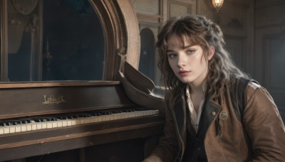 1girl,solo,long hair,looking at viewer,blue eyes,brown hair,shirt,sitting,jacket,white shirt,upper body,collared shirt,artist name,indoors,signature,vest,dated,lips,wavy hair,instrument,reflection,brown jacket,realistic,nose,leather,leather jacket,piano,grand piano,bangs,closed mouth,open clothes,window,scar,messy hair,music,playing instrument