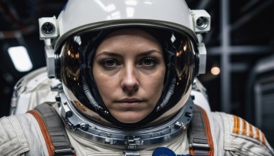 1girl,solo,looking at viewer,brown hair,brown eyes,closed mouth,upper body,blurry,lips,depth of field,blurry background,helmet,portrait,freckles,reflection,science fiction,realistic,straight-on,spacesuit,space helmet,astronaut,1boy,male focus,expressionless,serious,space,planet,earth (planet),spacecraft