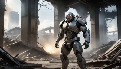 HQ,solo,red eyes,1boy,standing,male focus,armor,no humans,glowing,robot,building,mecha,glowing eyes,smoke,science fiction,cable,ruins,damaged,open hands,power armor,debris,rubble,weapon,city,realistic,dust