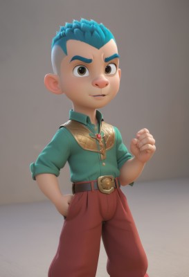 solo,looking at viewer,smile,short hair,shirt,1boy,brown eyes,jewelry,blue hair,standing,male focus,parted lips,teeth,belt,pants,clenched hand,sleeves rolled up,hand in pocket,green shirt,male child,red pants,artist name,vest