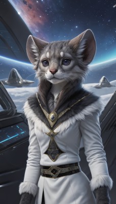 1girl,solo,looking at viewer,smile,blue eyes,gloves,long sleeves,animal ears,jewelry,closed mouth,standing,cowboy shot,sky,black gloves,belt,signature,necklace,coat,fur trim,brooch,star (sky),furry,pendant,science fiction,fur collar,furry female,arms at sides,white coat,space,body fur,white fur,planet,animal nose,whiskers,earth (planet),spacecraft,black fur,grey fur,animal ear fluff,no humans,animal,cat,starry sky,galaxy