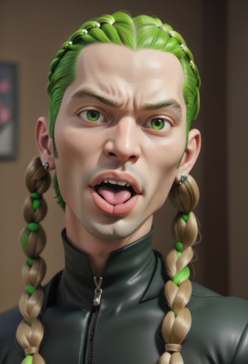 1girl,solo,long hair,looking at viewer,open mouth,blonde hair,1boy,twintails,jewelry,green eyes,braid,male focus,multicolored hair,earrings,green hair,teeth,tongue,tongue out,blurry,twin braids,two-tone hair,blurry background,facial hair,portrait,zipper,freckles,realistic,nose,hair ornament,jacket,upper body,artist name,indoors,parody,meme