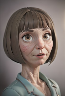 1girl,solo,looking at viewer,short hair,bangs,simple background,brown hair,shirt,brown eyes,closed mouth,collarbone,upper body,parted lips,collared shirt,blunt bangs,lips,gradient,gradient background,eyelashes,bob cut,thick eyebrows,portrait,veins,realistic,nose,horror (theme),jacket,artist name,cyborg,mechanical parts