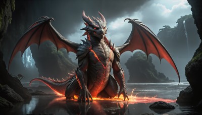 HQ,solo,red eyes,tail,outdoors,wings,horns,sky,teeth,cloud,water,no humans,glowing,cloudy sky,fire,sharp teeth,nature,glowing eyes,claws,spikes,dragon horns,monster,mountain,fantasy,dragon,dragon tail,scales,waterfall,dragon wings,day,scenery,rock,molten rock,kaijuu