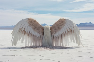 PREMIUM,solo,long hair,outdoors,wings,sky,day,cloud,water,blue sky,no humans,cloudy sky,scenery,feathered wings,angel wings,mountain,fantasy,white wings,horizon,1girl,very long hair,white hair,from behind,ocean,angel