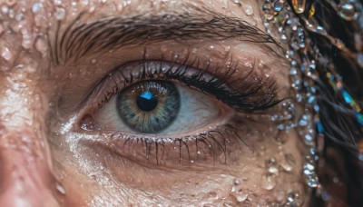 1girl,solo,looking at viewer,blue eyes,black hair,1boy,water,blurry,eyelashes,depth of field,gem,close-up,1other,reflection,water drop,eye focus,bangs,yellow eyes,portrait