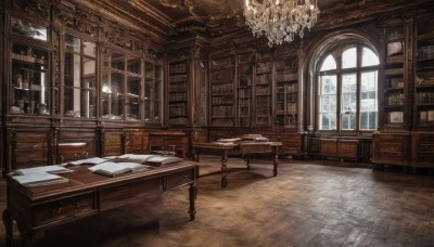 day,indoors,cup,book,no humans,window,chair,table,sunlight,scenery,desk,wooden floor,paper,stairs,door,bookshelf,lamp,candle,shelf,book stack,library,carpet,candlestand,chandelier,wooden table,wooden chair,cabinet