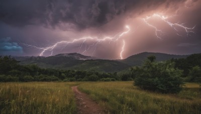 outdoors,sky,cloud,water,tree,no humans,cloudy sky,grass,nature,scenery,forest,mountain,electricity,river,lightning,landscape,road,field,path,hill