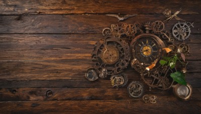 hat,weapon,outdoors,no humans,bird,leaf,from above,ground vehicle,scenery,clock,watercraft,vehicle focus,gears,wheel,steampunk,signature,motor vehicle,reflection,motorcycle