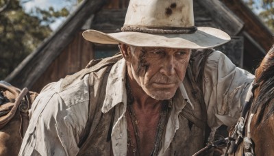 solo,short hair,brown hair,shirt,black hair,1boy,hat,jewelry,closed mouth,white shirt,upper body,male focus,outdoors,one eye closed,open clothes,day,collared shirt,necklace,blurry,vest,blurry background,facial hair,scar,beard,scar on face,realistic,stubble,manly,horse,cowboy hat,cowboy western,reins,smile,jacket,black eyes,animal,riding,horseback riding,saddle