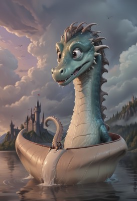 open mouth,brown eyes,tail,outdoors,sky,teeth,cloud,water,tree,no humans,bird,animal,fangs,cloudy sky,sharp teeth,scenery,reflection,mountain,fantasy,dragon,scales,watercraft,river,castle,tower,boat,lake,watermark