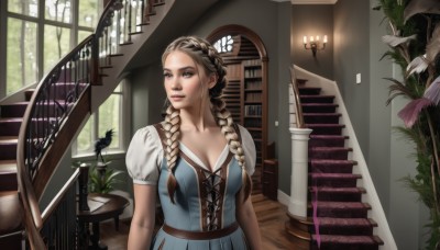 1girl,solo,long hair,breasts,blue eyes,blonde hair,brown hair,dress,cleavage,medium breasts,closed mouth,standing,collarbone,upper body,braid,flower,short sleeves,puffy sleeves,artist name,indoors,twin braids,puffy short sleeves,lips,looking to the side,book,window,makeup,blue dress,bird,watermark,looking away,table,sunlight,plant,hair over shoulder,web address,corset,stairs,realistic,nose,bookshelf,candle,cross-laced clothes,piano,chandelier,bodice,large breasts,belt,tree,leaf,chair,crow