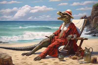 solo,open mouth,shirt,long sleeves,hat,sitting,jacket,tail,outdoors,sky,teeth,day,pants,cloud,water,blue sky,no humans,ocean,chair,beach,formal,bottle,suit,sharp teeth,claws,red jacket,rock,sand,scales,red pants,shell,1boy,parody,seashell,fine art parody,lizard