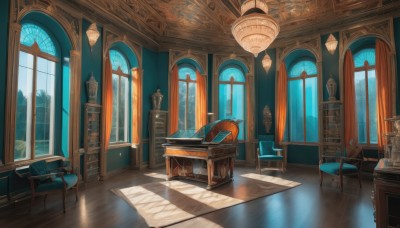 sky,day,cloud,indoors,tree,book,no humans,window,shadow,chair,table,sunlight,curtains,instrument,scenery,wooden floor,light,lamp,shade,architecture,pillar,book stack,piano,carpet,reflective floor,blue sky,plant,reflection,candle,painting (object),candlestand