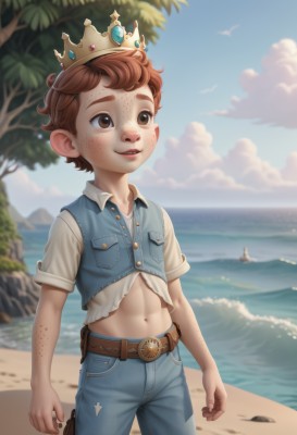 solo,smile,short hair,brown hair,shirt,1boy,navel,brown eyes,white shirt,short sleeves,male focus,outdoors,parted lips,sky,teeth,day,midriff,belt,pants,cloud,water,blurry,vest,tree,blue sky,blurry background,bird,ocean,beach,crown,denim,child,freckles,pocket,palm tree,brown belt,breast pocket,male child,gun,torn clothes,jeans,realistic,sand