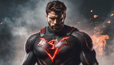 solo,short hair,brown hair,1boy,closed mouth,closed eyes,upper body,male focus,bodysuit,muscular,facial hair,fire,muscular male,beard,smoke,mature male,black bodysuit,manly,animification,superhero,embers,armor,pectorals