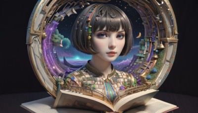 1girl,solo,looking at viewer,short hair,bangs,blue eyes,brown hair,black hair,hair ornament,upper body,hairband,parted lips,sky,blunt bangs,black eyes,lips,book,makeup,moon,bob cut,crescent,portrait,star (sky),starry sky,science fiction,open book,nose,space,crescent moon,planet,earth (planet),flower,tree,eyelashes,night,black background,scenery