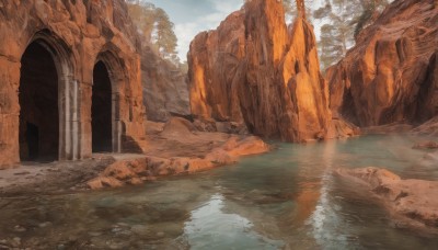 outdoors,sky,day,cloud,water,tree,blue sky,no humans,sunlight,cloudy sky,nature,scenery,reflection,light rays,rock,ruins,pillar,cliff,arch,building,mountain,bridge,river,landscape