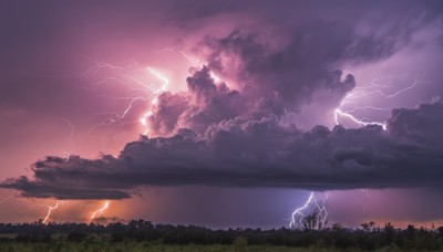 outdoors,sky,cloud,water,tree,no humans,cloudy sky,grass,nature,scenery,sunset,electricity,lightning,landscape,red sky,purple sky,glowing,ocean,forest,smoke,fantasy