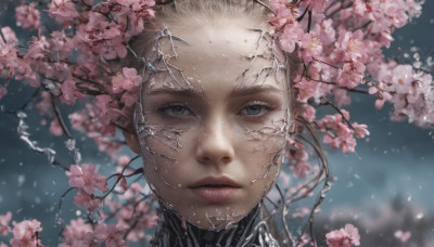 1girl, solo, looking at viewer, blonde hair, green eyes, flower, parted lips, blurry, lips, eyelashes, blurry background, cherry blossoms, portrait, realistic, nose, branch, crack