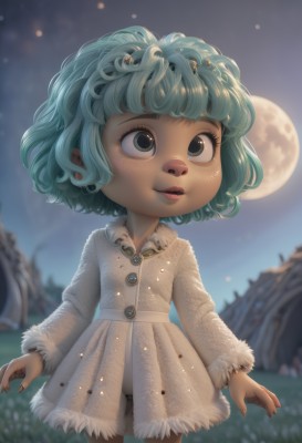 1girl,solo,smile,short hair,bangs,long sleeves,dress,jewelry,blue hair,standing,cowboy shot,earrings,outdoors,parted lips,green hair,sky,artist name,nail polish,blurry,black eyes,dark-skinned female,lips,coat,fingernails,fur trim,eyelashes,aqua hair,night,buttons,depth of field,blurry background,moon,grass,looking up,child,night sky,full moon,freckles,curly hair,white coat,female child,fur-trimmed dress,blue eyes,green eyes,teeth,watermark,web address,realistic,nose