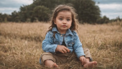 1girl,solo,long hair,looking at viewer,blue eyes,brown hair,shirt,long sleeves,brown eyes,sitting,closed mouth,jacket,outdoors,open clothes,sky,barefoot,day,pants,blurry,feet,open jacket,lips,toes,depth of field,blurry background,soles,grass,denim,blue jacket,messy hair,child,pocket,realistic,female child,dirty,denim jacket,dirty feet,tree,aged down,nature,jeans