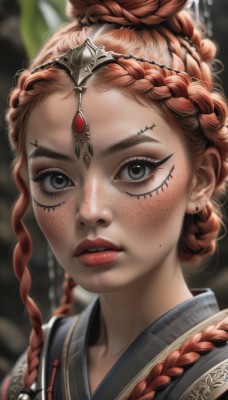 1girl,solo,long hair,looking at viewer,hair ornament,jewelry,braid,red hair,earrings,parted lips,artist name,hair bun,mole,blurry,black eyes,twin braids,lips,grey eyes,eyelashes,makeup,depth of field,blurry background,piercing,single hair bun,tiara,lipstick,gem,portrait,eyeshadow,freckles,circlet,realistic,nose,red lips,eyeliner,mascara,multiple braids,mole on cheek,blush,necklace,orange hair,facial mark,mole under mouth,updo