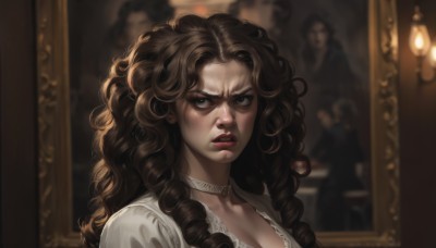 1girl,solo,long hair,breasts,looking at viewer,brown hair,dress,cleavage,brown eyes,jewelry,medium breasts,upper body,parted lips,solo focus,choker,indoors,white dress,blurry,lips,wavy hair,drill hair,portrait,freckles,curly hair,realistic,nose,red lips,candle,white choker,portrait (object),earrings,necklace,makeup,depth of field,blurry background,angry,painting (object)