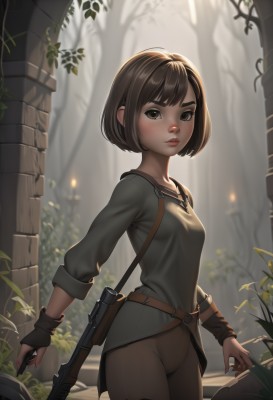 1girl,solo,breasts,looking at viewer,short hair,bangs,brown hair,shirt,gloves,long sleeves,brown eyes,standing,weapon,cowboy shot,small breasts,boots,outdoors,parted lips,day,black gloves,belt,pants,sword,artist name,fingerless gloves,blurry,tree,lips,gun,blurry background,thigh boots,bob cut,thick eyebrows,plant,sheath,nature,grey shirt,forest,backlighting,freckles,pouch,sheathed,nose,arms at sides,leather,brown pants,strap,blush,holding,closed mouth,holding weapon,fingernails,knife,holding gun,rifle,green shirt,torch