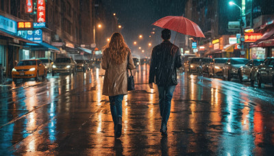 1girl, long hair, short hair, brown hair, black hair, 1boy, holding, jacket, outdoors, sky, pants, bag, from behind, black footwear, night, umbrella, denim, ground vehicle, building, motor vehicle, reflection, walking, rain, jeans, handbag, holding umbrella, city, car, road, lamppost, street, red umbrella, crosswalk