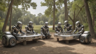 sitting,male focus,outdoors,food,multiple boys,day,armor,tree,military,no humans,table,helmet,robot,ground vehicle,nature,motor vehicle,forest,science fiction,6+boys,car,weapon,military vehicle,tank