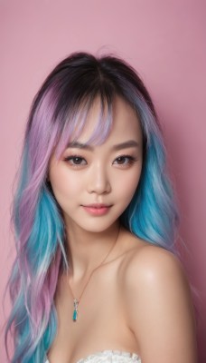 1girl,solo,long hair,breasts,looking at viewer,smile,bangs,simple background,black hair,dress,cleavage,bare shoulders,brown eyes,jewelry,medium breasts,closed mouth,blue hair,collarbone,upper body,pink hair,multicolored hair,frills,necklace,two-tone hair,lips,eyelashes,strapless,gradient hair,makeup,pink background,pendant,realistic,nose,purple hair