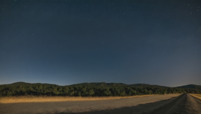 outdoors,sky,tree,no humans,night,grass,star (sky),nature,night sky,scenery,forest,starry sky,mountain,road,field,landscape,mountainous horizon,horizon,hill