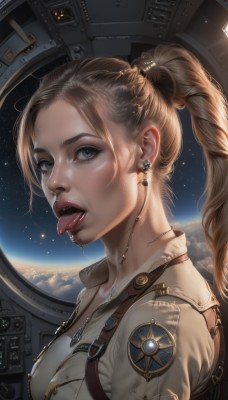 1girl,solo,long hair,breasts,looking at viewer,open mouth,blue eyes,blonde hair,brown hair,jewelry,medium breasts,upper body,ponytail,earrings,teeth,tongue,tongue out,necklace,star (symbol),from side,lips,grey eyes,eyelashes,makeup,piercing,high ponytail,ear piercing,star (sky),zipper,freckles,science fiction,realistic,nose,space,leather,planet,earth (planet),spacesuit,tongue piercing,hair ornament,jacket,braid,sky,artist name,signature,uniform,window,saliva,upper teeth only,forehead,backlighting,hair tie,emblem,badge,mascara,insignia,pilot,astronaut