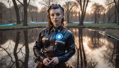 1girl,solo,long hair,looking at viewer,blonde hair,brown hair,shirt,long sleeves,holding,brown eyes,jewelry,jacket,upper body,outdoors,open clothes,tree,lips,ring,nature,forehead,reflection,curly hair,realistic,nose,camera,leather,leather jacket,denim jacket,smile,skirt,black hair,blue hair,standing,parted lips,necktie,collared shirt,nail polish,open jacket,black jacket,own hands together,blue shirt,denim,black nails,scenery,forest,cropped jacket,pocket,badge,hair slicked back,bare tree,lake